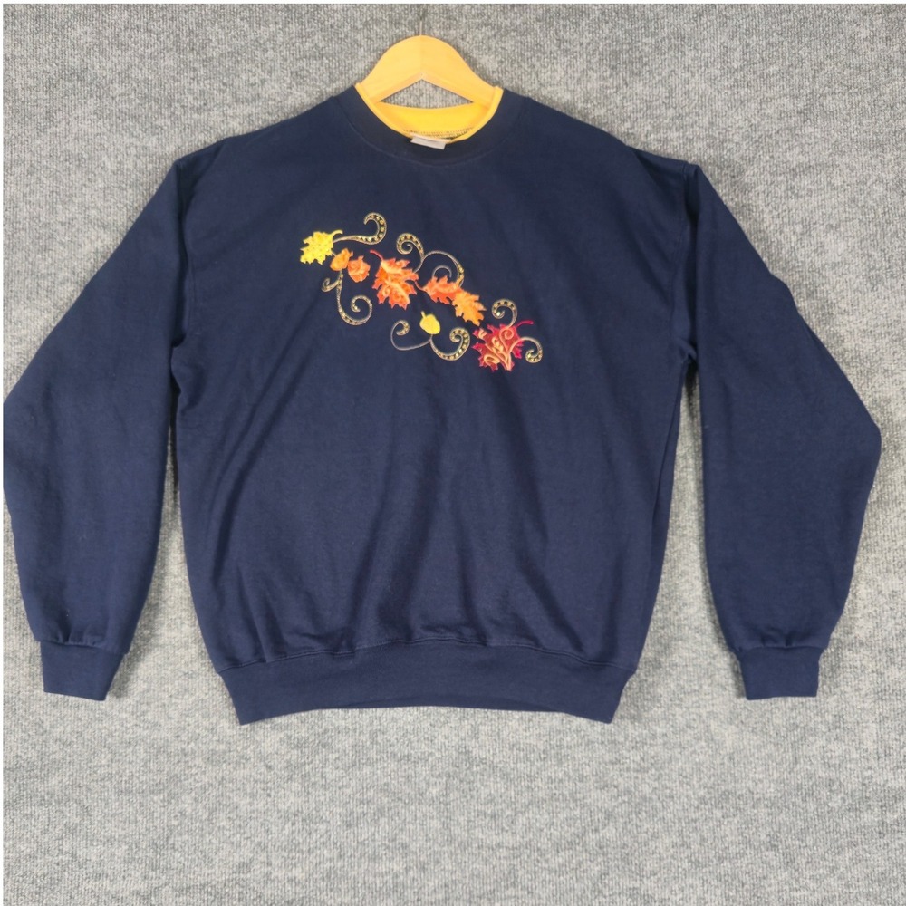 Pleasant Shade Navy Blue Fall‎ Leaves Embroidered Sweatshirt Women's Medium